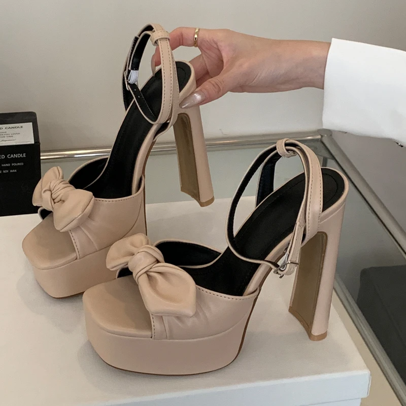 

Street Style Sandals Woman Elegant Bow Square Head Buckle Strap Chunky High Heels Party Stripper Prom Pole Dance Summer Shoes