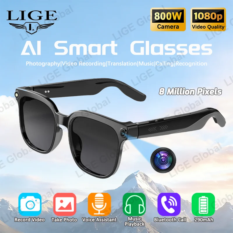 

LIGE New 8MP Camera AI Glasses Men Smart Translation Glasses 1080P Video Recording AI Voice Control Waterproof Call Sunglasses