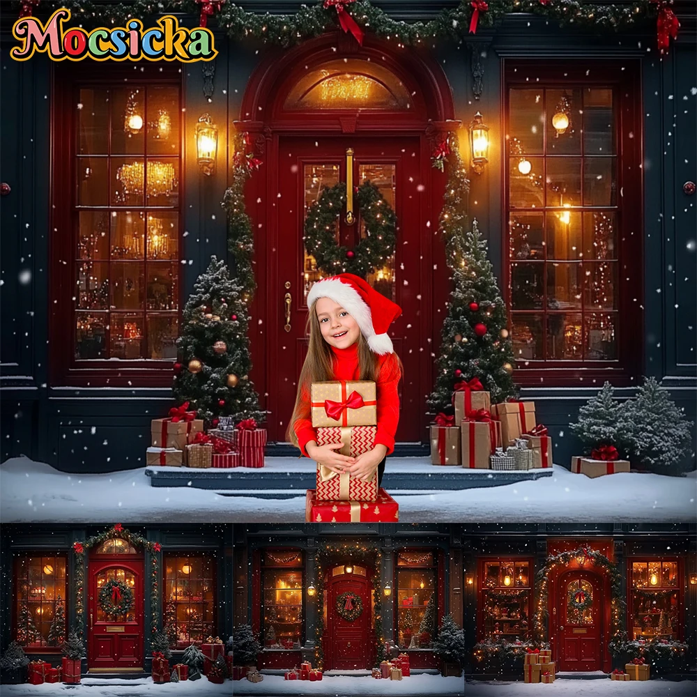 

Mocsicka Christmas Retro Wall Wreath Arch Backdrop Photography Winter Wooden Door Xmas Tree Family Party Christmas Background