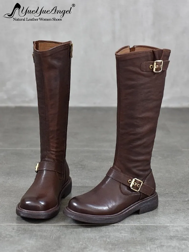 Autumn Winter Women Genuine Leather Long Boots British Style Ladies Motorcycle Shoes Zipper Warm Fleece Liner Retro Knight Boots