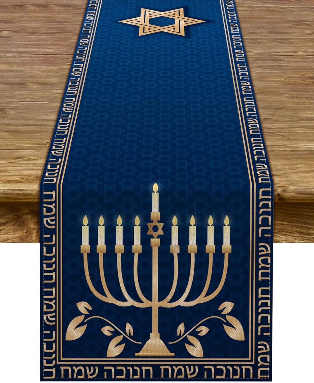 Hanukkah Table Runner Faux Linen Navy Blue Golden Menorah Hebrew Star of David Jewish Festival Holiday Dining Party Table Cover