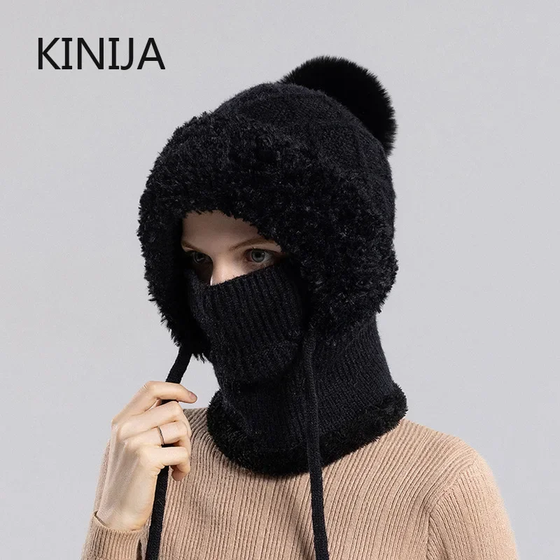 Women Winter Velvet Knitted Hat Ear Protection Fluffy Hat Mask Neck Integrated Warmth Cover Hat Hooded Cap Gorras Para Mujer