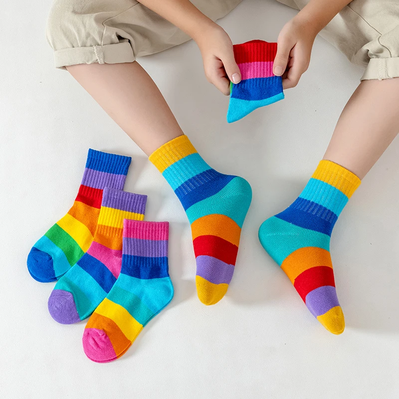 5 Pairs/set New Rainbow Color Series Simple Casual Socks Autumn And Winter Children Socks High Elastic Soft Skin-Friendly Socks