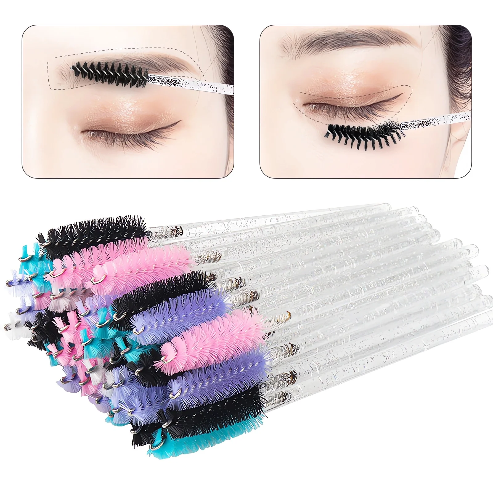 50 PCS Crystal Eyelash Brushes Set - 50Pcs Disposable Mascara Wands, Eyebrow Applicators for Eyelash Extensions and Makeup