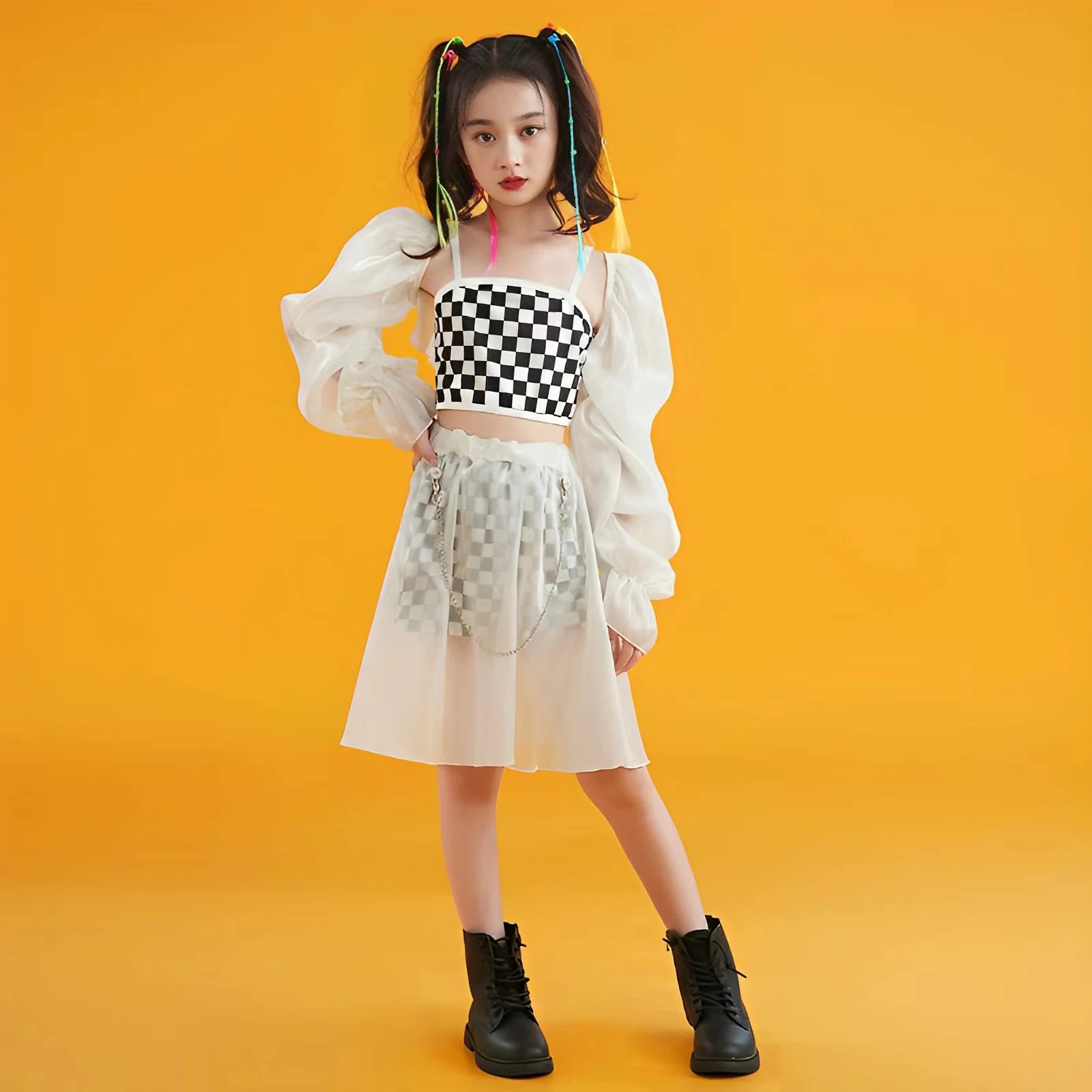 Kids' Jazz Dance Costume: Black & White Grid Transparent Mesh Korean-style Girl Group Fashion Street Dance Hip-hop Practice Wear