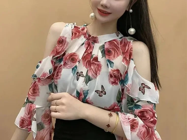 

Women's Temperament Blouses 2025 Plus Size French Retro Floral Floral Ruffle Edge Off Shoulder Chiffon Shirt Loose Shoulder Top