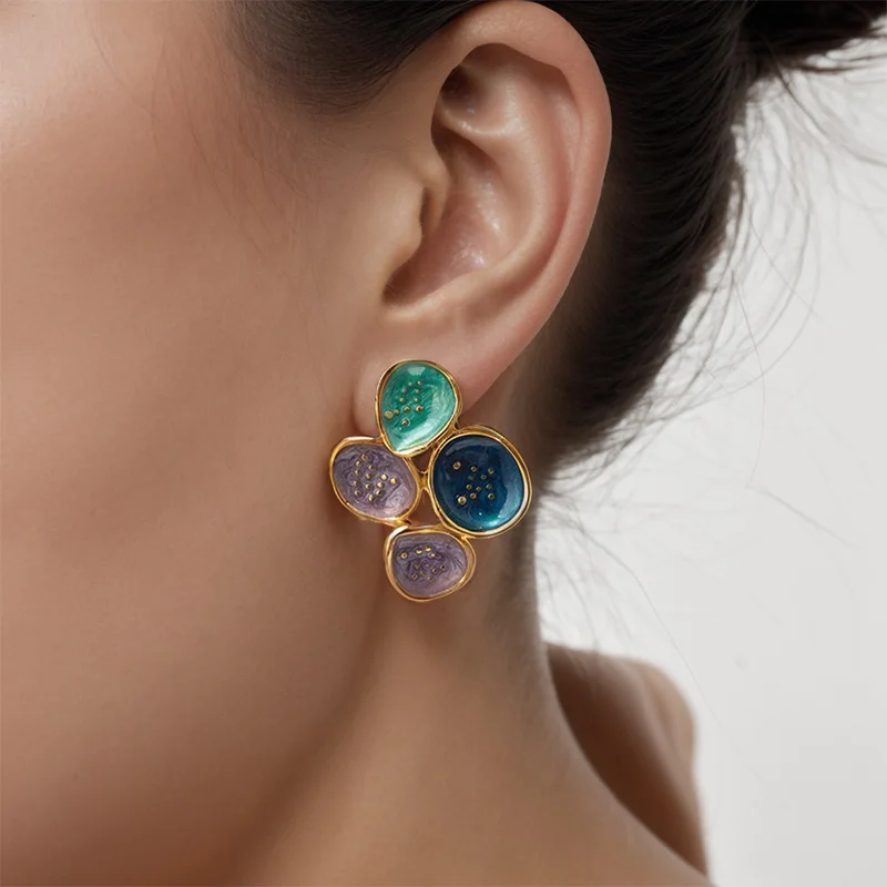 PRISCA | Metal Colorful Dripping Flower Earrings Women and Girl Stainless Steel Jewelry Gold Enfashion Wholesale