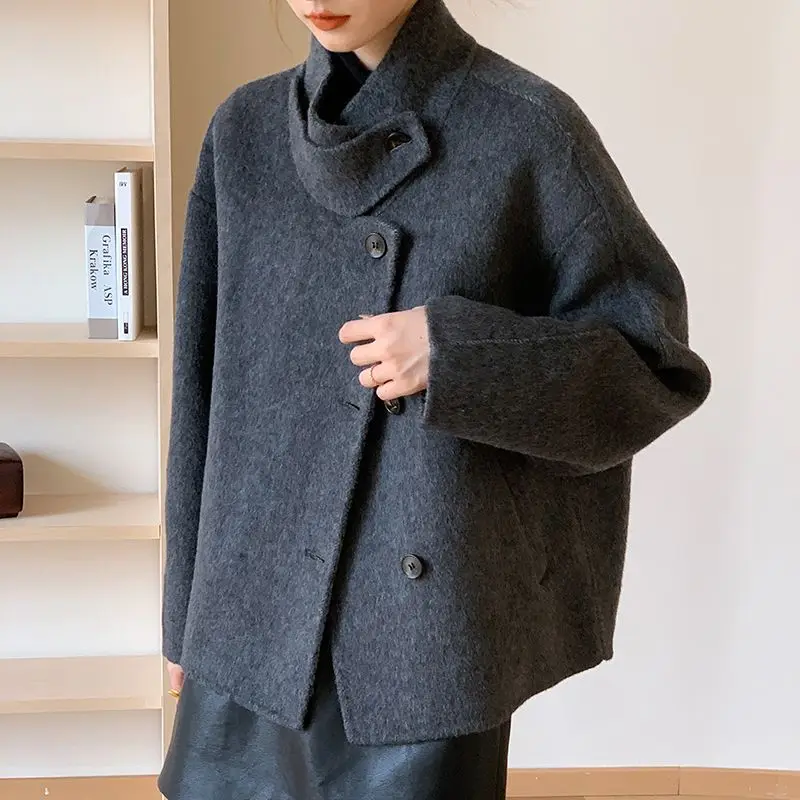 

Petite Wool Coat Women Winter Short Stand Collar Oversized Blazer Double Faced Tweed Jacket Luxury Loose Fit Outerwear