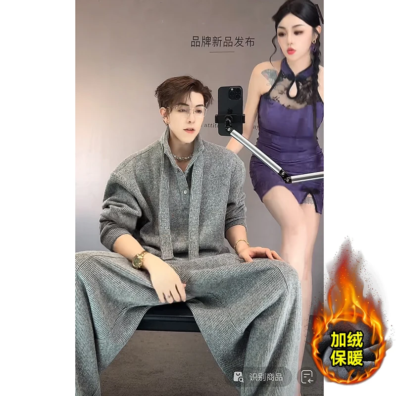 Fleece Lounge Sweater Set Men 2025 wainter New thermal sweatshirt two-piece hoodie+pants loose Floor pants Stand up collar