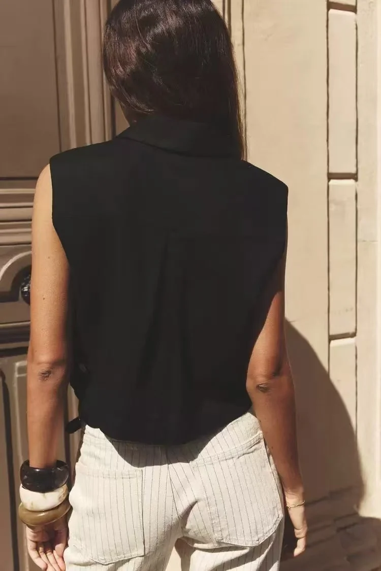 YY0362 ZA25 Summer New Women's Fashion European and American Style Versatile Solid Color Button Suit Collar Vest 2373709