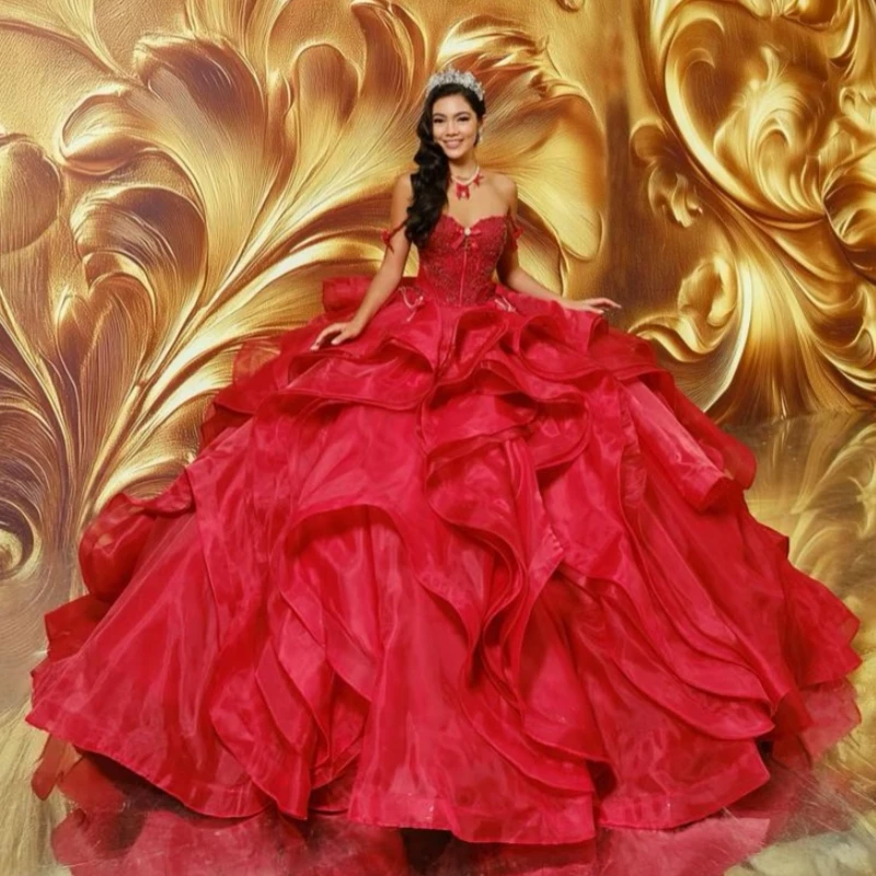 

Red Quinceanera Dresses Ball Gown Off The Shoulder Beading Crystal Tiered Tull Party Birthday Sweet 16 Dress Vestidos 15 De Anos