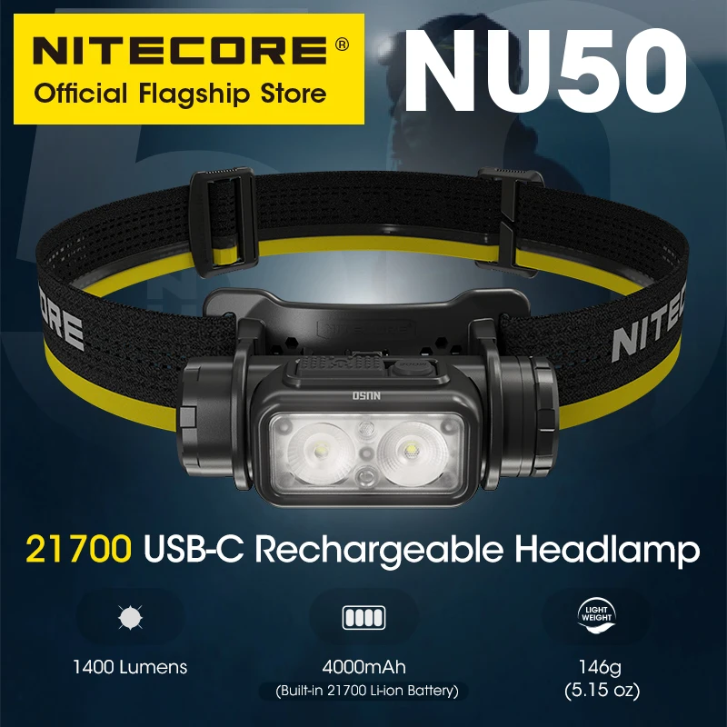 NITECORE NU50 USB-C Rechargeable Headlamp Running Cycling Work Fishing Trekking Headlight 1400 Lumens, Built in 21700 Battery