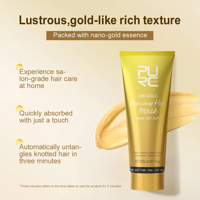 PURC 24K Gold Hair Mask Keratin Repairing Damaged Frizy Hair Smoothing Hair Cream Moisturizing Hair Care 70g