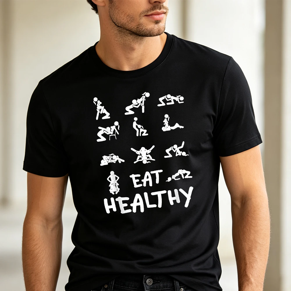 Eat Healthy Funny Meme Silhouette Graphic Print Short Sleeve Men T Shirt Sarcastic Adult Humor Streetwear Casual Clothes