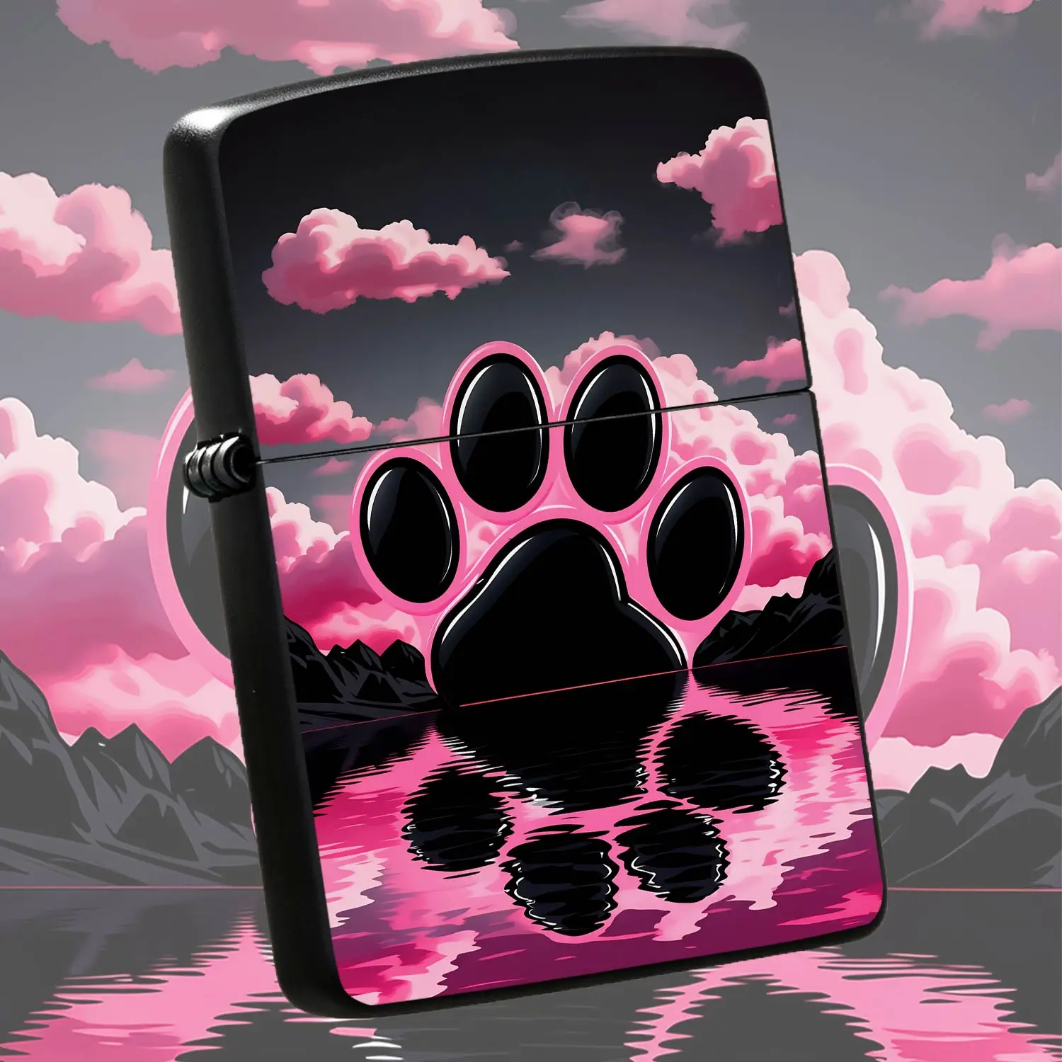 Stylish Pink Black Paw Print Scenery Portable Lighter, Aesthetic Pink Cloud Mountain Lake Reflection Design, Compact Pocket Ignition Tool For Daily Outdoor Gathering, Unique Fun Gift For Friends, All Scene Usable Decorat A Humorou And Inter