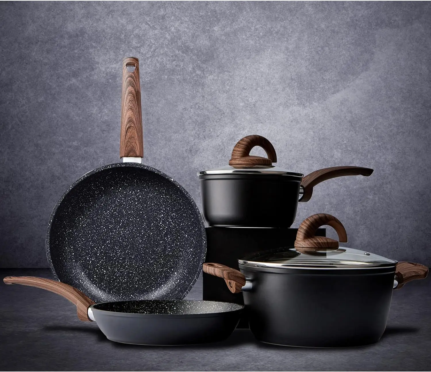 

Granite Pattern Kitchen Cooking Sets Induction Pot and Pan w/Frying Pans, Saucepans, Casserole, Non-Toxic