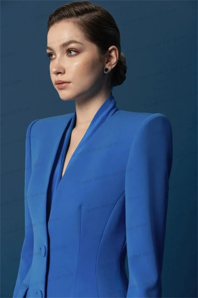 Traje azul real para mujer, conjunto de 2 piezas, Blazer + pantalón, esmoquin Formal para oficina, boda, Chaqueta de algodón con cuello en V, abrigo de fiesta