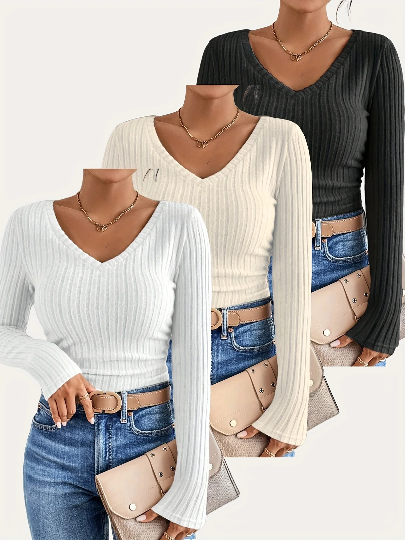 3 Pack Women V Neck Ribbed Knit Flare Long Sleeve Top Slim Fit Crop Tee Y2K Sexy Casual Commute Basic Shirt