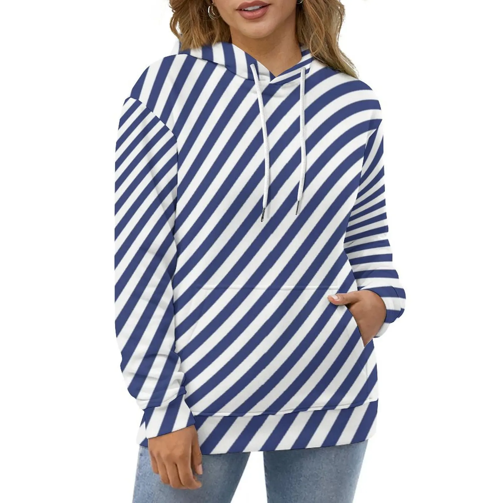 Vintage Nautical Hoodies Blue Cross Stripes Hip Hop Oversize Hoodie Unisex Long Sleeve Y2k Graphic Casual Sweatshirts