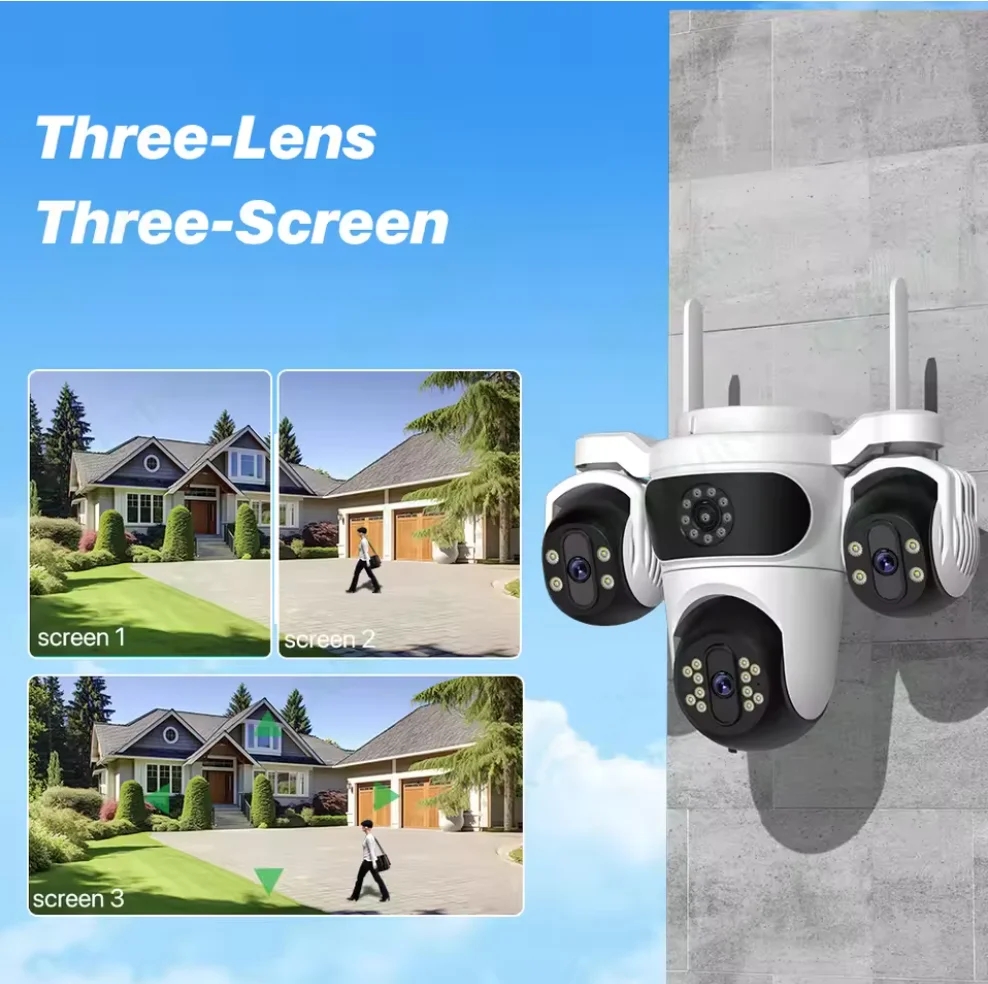 WIFI 4K Camera with Three Screens PTZ Human Detection Security CCTV Surveillance HD Outdoor Dual Lens Compatible with iCsee App