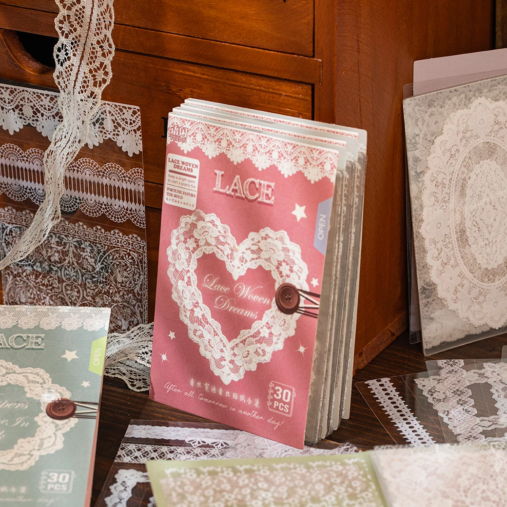 30pcs Lace Whisper Series PET Stickers Multi-sized Borders Lace Decorative Sticker DIY Junk Journal Scrapbook Diary Card Decor