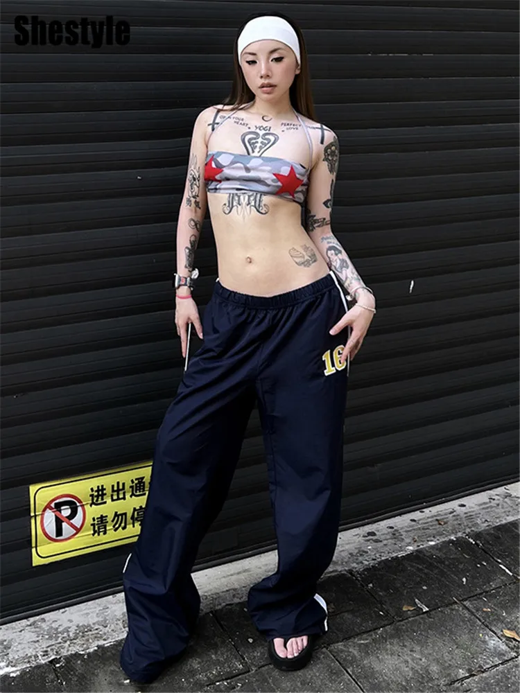 Shestyle Casual Number 16 Print Elastic Low Waist Loose Streetwear Side Striped Navy Blue Dance Hip Hop Pants for Women Trousers