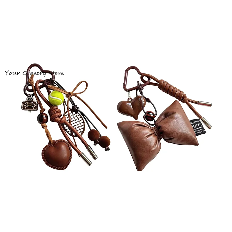 Y2k خمر براون الجلود القوس القلب قلادة موضة التنس المفاتيح Ins مضفر الحبل كيرينغ للنساء حقيبة قلادة جالبة للحظ