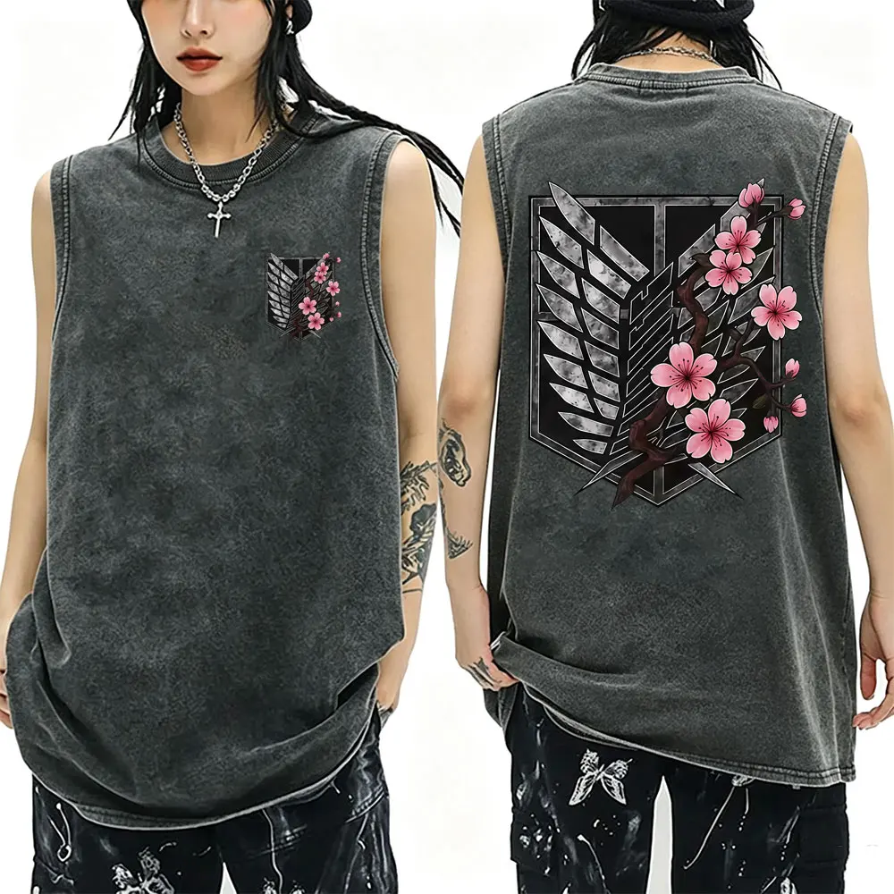 Anime Attack on Titan Mikasa Ackerman Eren Jaeger Wings of Freedom Logo Vintage Washed Tank Tops Men Casual Sleeveless Vest Tees