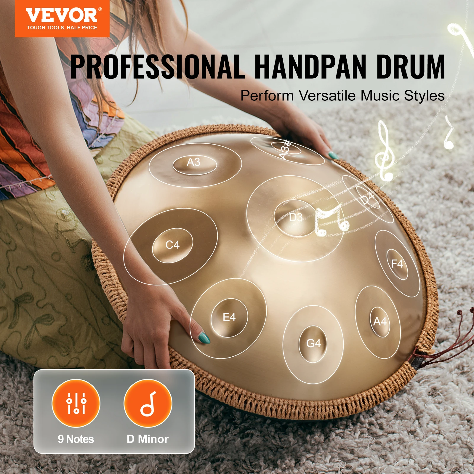 VEVOR Handpan Drum 22in & 9 Notes D Minor Hand Drum 440Hz Hand Pan Drum Instrument Healing Sound Drum Percussion Instruments