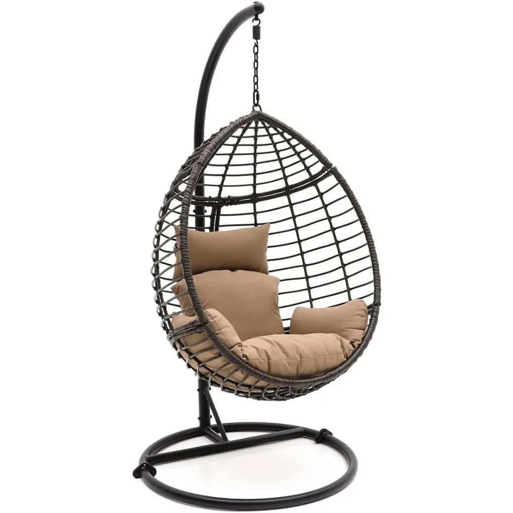 Hanging Egg Indoor Outdoor Patio Wicker Rattan Lounge Chair with Stand, Steel Frame, UV Resistant Washable Cushions for Garden