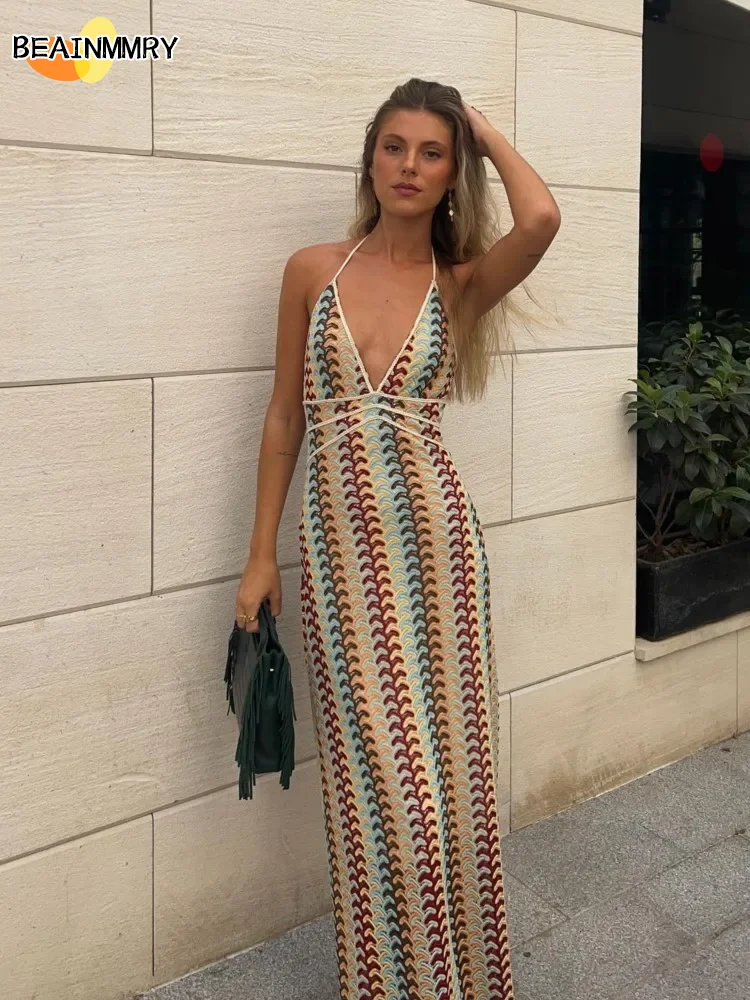 Women Colorful Printing Halter Long Dress Sexy Deep V-neck Backless Sleeveless Bodycon Dresses 2025 New Lady Elegant Party Robe