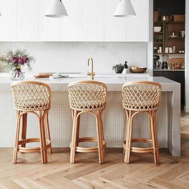 Seggiolone da cucina semplice da Bar intrecciato in Rattan, sedia da pranzo con schienale in Rattan naturale, sedute da ristorante retrò, sgabello