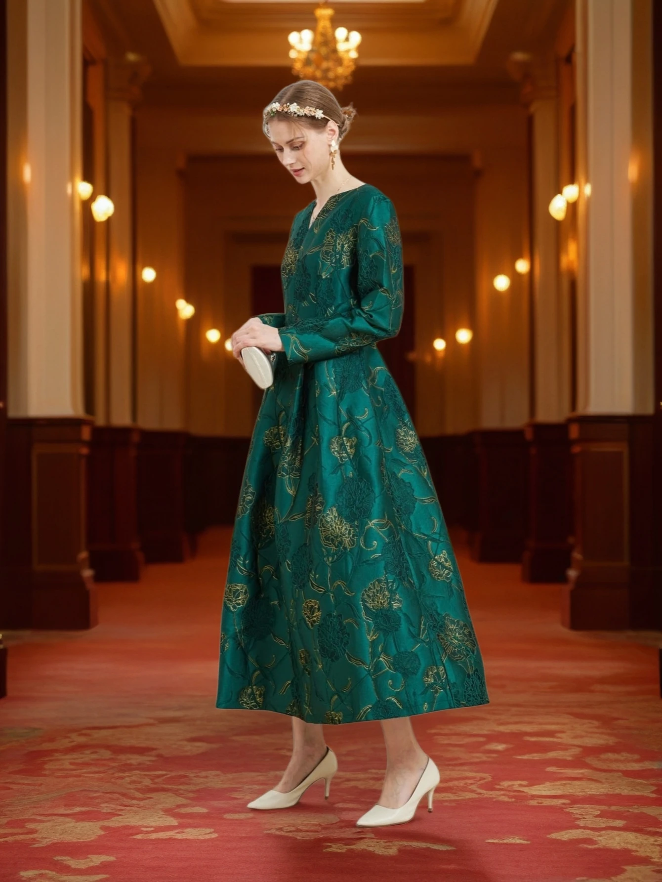 DEVCHATA Vintage mujer vestido Jacquard de manga larga Floral elegante vestido de fiesta para eventos de noche nueva llegada vestido de baile de moda