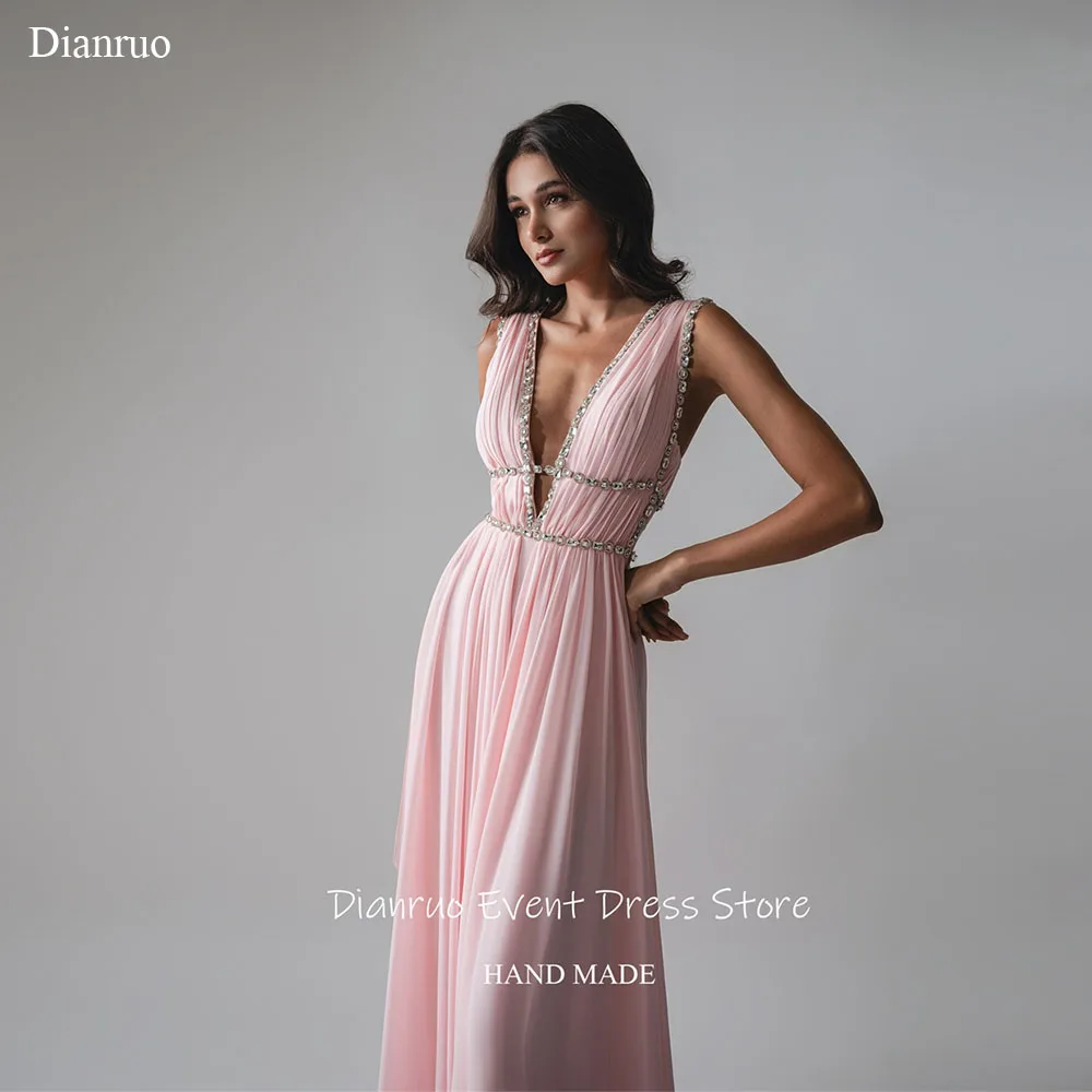 Dianruo Ornate Deep V Neck Backless Evening Dress Chiffon Pleated Vestidos Para Mujer Pink Crystal Robe Soirée Femme Customized