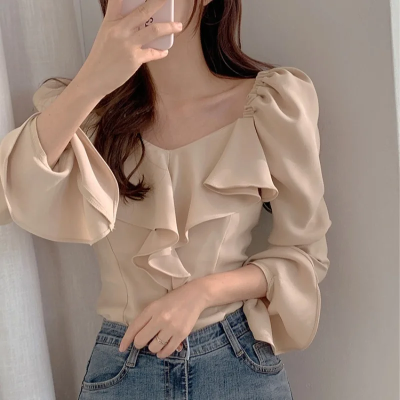 

Шикарная ранняя весна, свободная женская повседневная дышащая длинная блузка с квадратным воротником и ключицей Bubble Sve irt