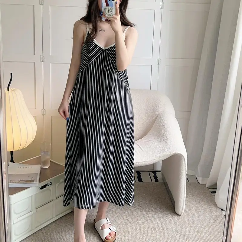 Women Plus Over Size 3XL Pajamas Dress Female Spaghetti Strap Deep V-neck Nightdress Striped Loose Homedress Can Be Wear Outside