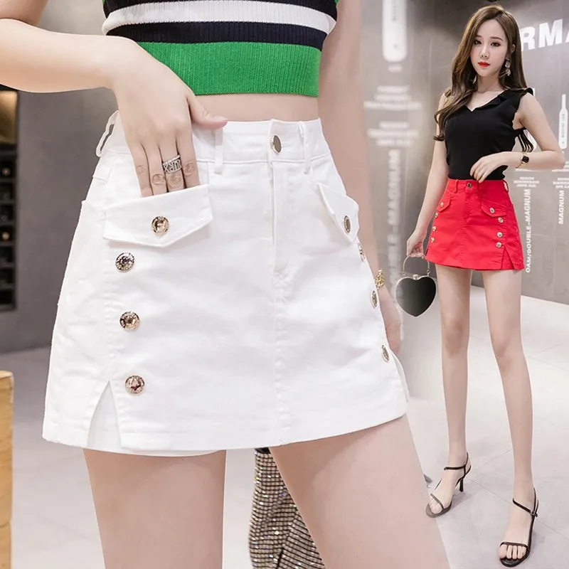 

Джинсовая юбка-шорты с высокой талией и широкими штанинами, женская, летняя, новая, в корейском стиле, утягивающая, универсальная, имитация двух предметов