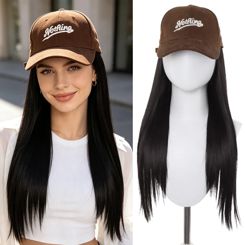 18Inch Long straight Wig Synthetic Wig Baseball Cap Extensions Hat Wigs Cold Brown Adjustable Hairpiece for Women Daily Wear