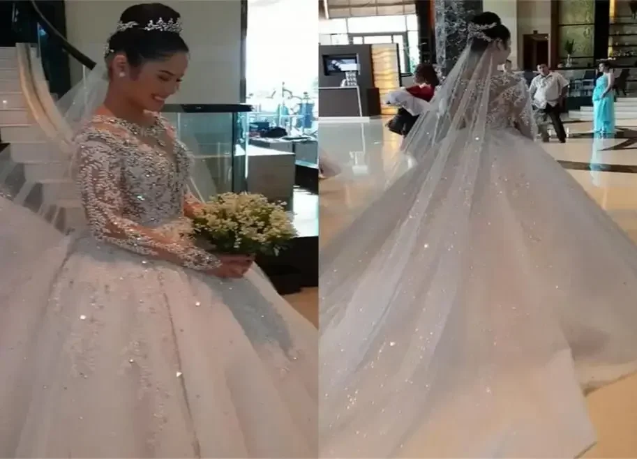 

Customized Beadings Appliques Ball Gown Wedding Dresses Custom Sheer Long Sleeves Beads Ruched Train Bridal