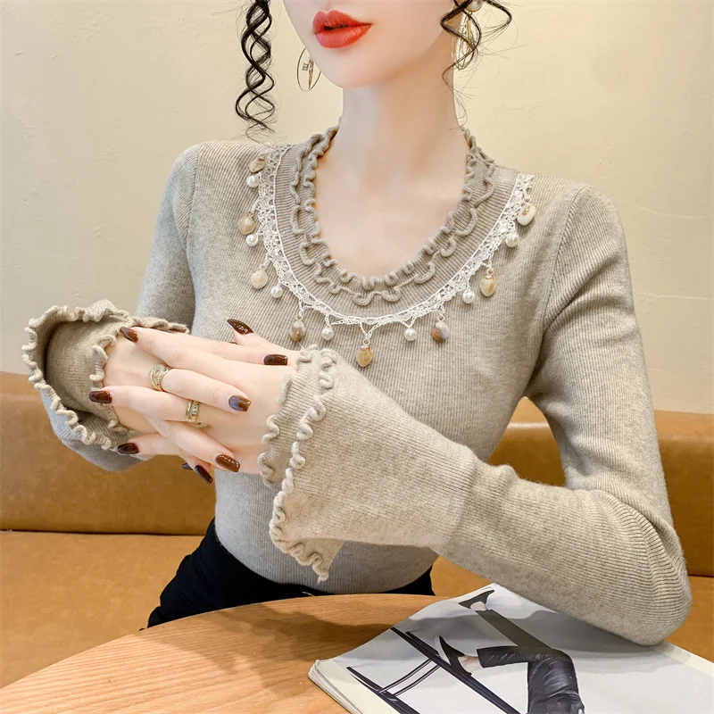 2025، جديد، أوروبي، ملابس، محبوكة، سترة، نسائي، موضة، مثير، رقبة دائرية، دانتيل عرقي، مطرز بالخرز، كم طويل، بلوفر، كشكشة، بلايز، 412125