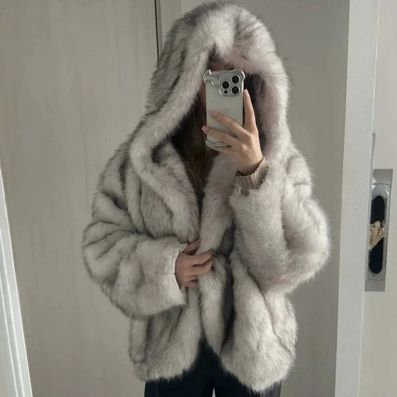 Women Faux Fur Hairy Coats Short Hooded Jackets Lady Long Sleeves Loose American Style Thick Elegant Casual 2026 Winter Coat