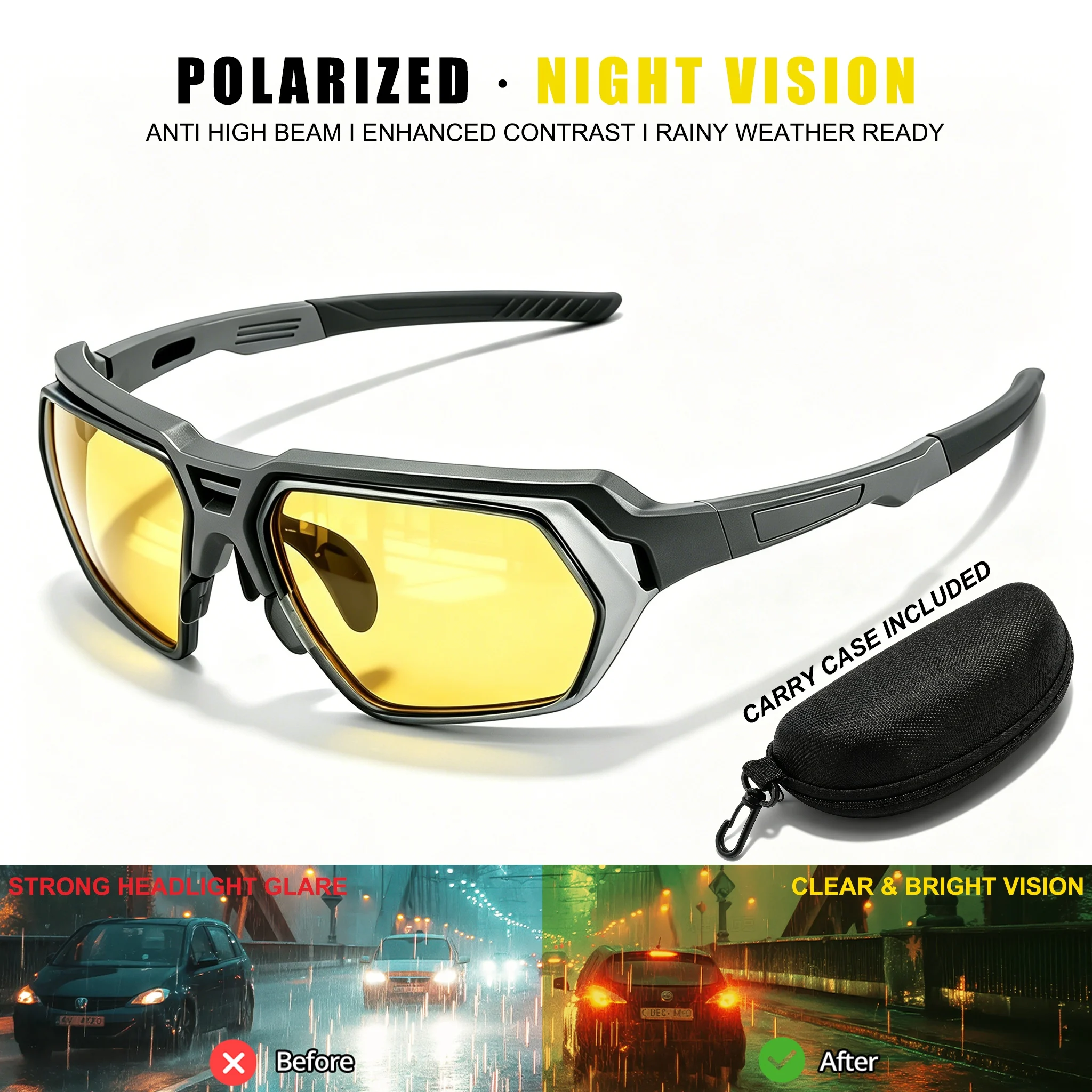 Taktische Polarisierte Nachtsichtbrille mit Rutschfesten Silikon-Bügeln, Anti-High-Beam-Blendschutz, für Nacht, Regen, Nebel, UV400, zum Fahren und Radfahren