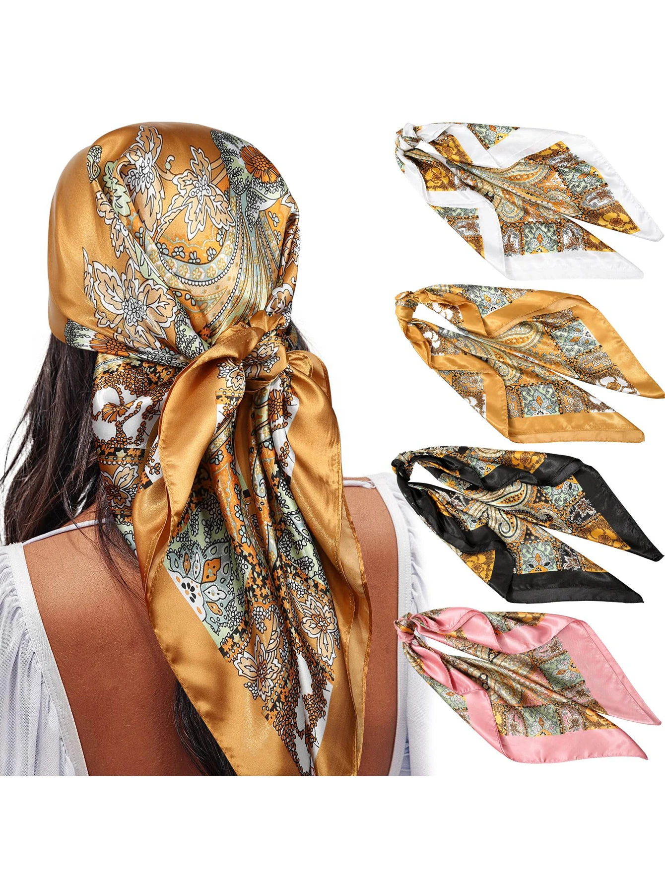 4 قطعة/المجموعة نابضة بالحياة الأزهار الشعر وشاح البوهيمي الساتان الحجاب مربع عقال حزب أغطية الرأس عمامة هيرباند خوذة #1