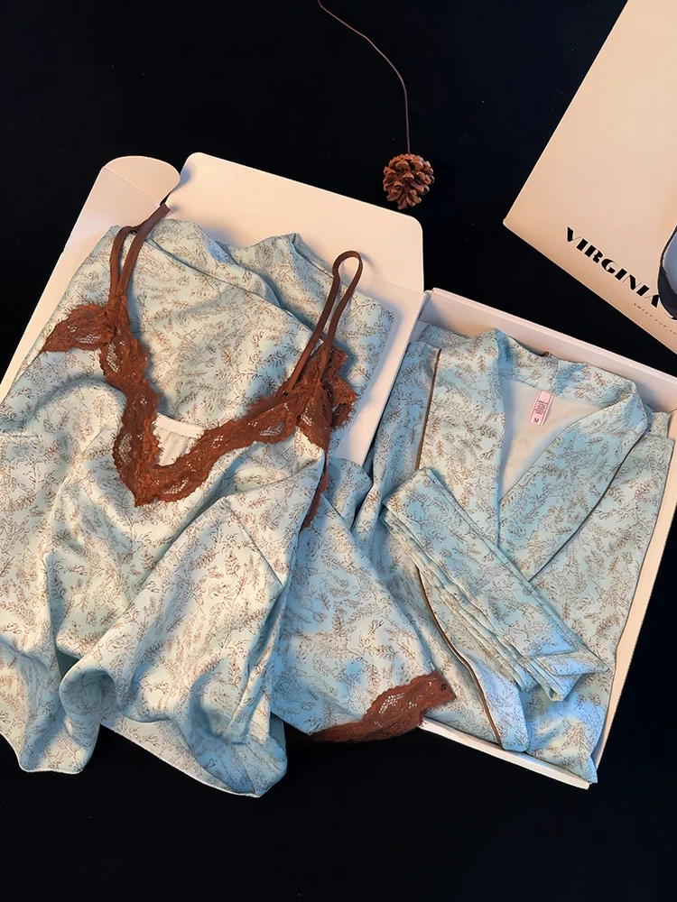 retro-floral-ice-silk-three-piece-set-luxury-quality-women's-sleepwear-friend-gift-box-home-clothes-spring-summer-autumn-winter