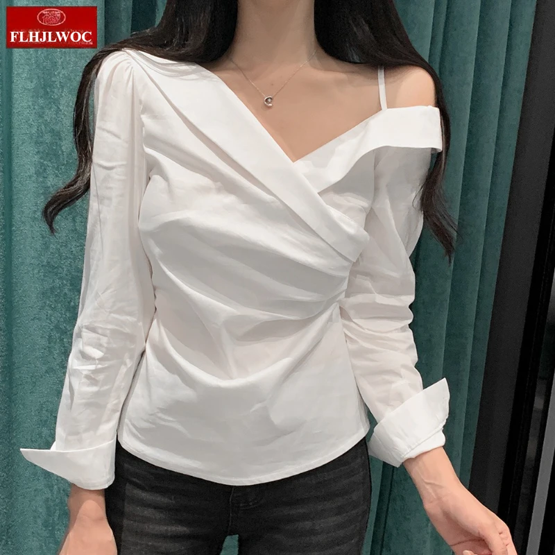 Cotton One Off Shoulder Tops Hot Sales Women Casual Cute Solid White Shirts Office Lady Sexy Chic Korea Slim Black Blouses