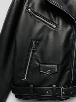 Ailegogo Women Loose Motorcycle Biker Black Pu Faux Leather Jacket with Belt Spring Autumn Female Zipper Coat Outwear 3