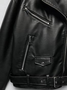 Ailegogo Women Loose Motorcycle Biker Black Pu Faux Leather Jacket with Belt Spring Autumn Female Zipper Coat Outwear 3