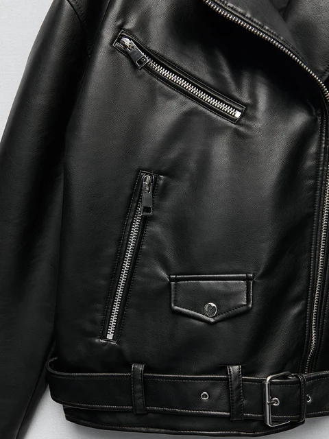Ailegogo Women Loose Motorcycle Biker Black Pu Faux Leather Jacket with Belt Spring – view 3