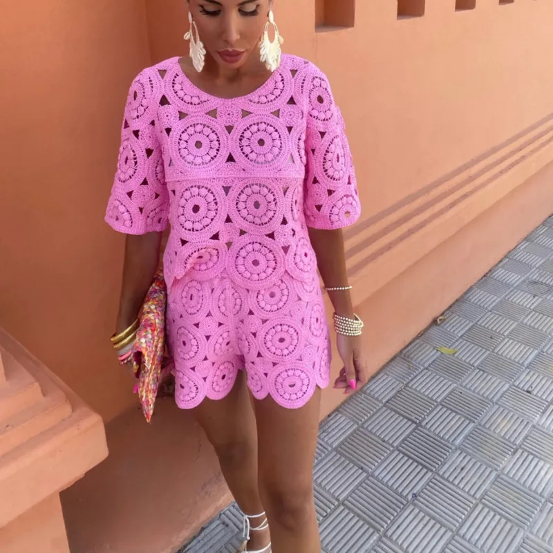 

Женский свободный костюм с цветочным принтом, Повседневная рубашка с круглым вырезом и коротким рукавом, шорты с высокой талией, шикарный Свитшот