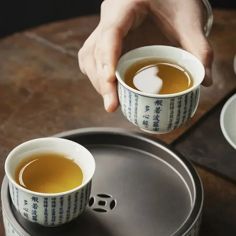 1 Pcs Jingdezhen Handmade Ceramic Teacup Hand-painted Heart Sutra Tea Bowl Travel Meditation Cup Chinese Porcelain Tea Set